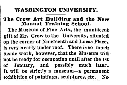 The beginning of the article "Washington University: The Crow Art Building and the New Manual Training School" from the St. Louis Post-Dispatch